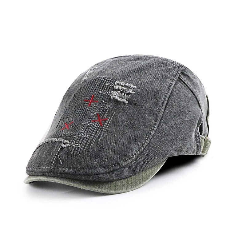 Collrown Denim Beret Hat Vintage Casual Flat Hat for Men Embroidery Patchwork Aged Peaked Cap Outdoor Retro Caps (image for) Collrown Denim Beret Hat Vintage Casual Flat Hat for Men Embroidery Patchwork Aged Peaked Cap Outdoor Retro Caps